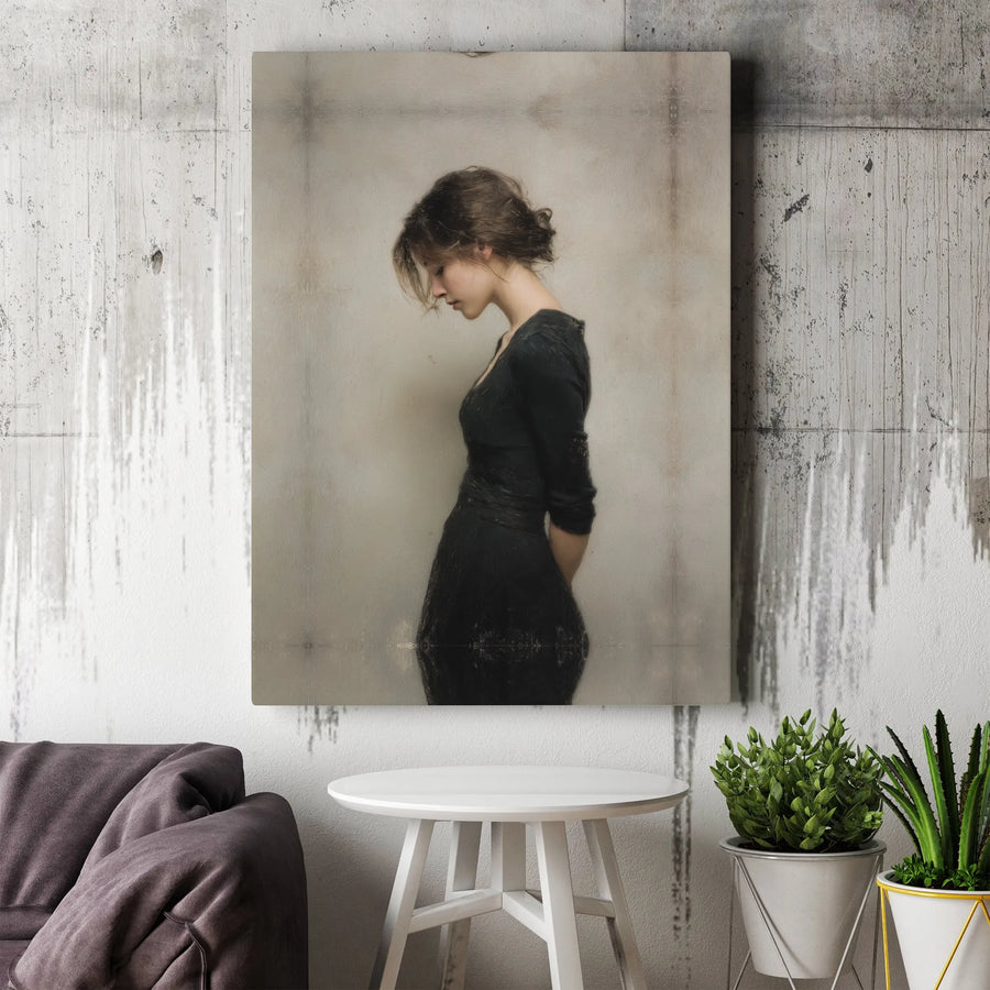 Melancholy Woman Portrait Canvas | Moody Figurative Oil Painting Style | Premium Gallery Wrap 1.25" Profile | Elegant Fine Art for Home Decor