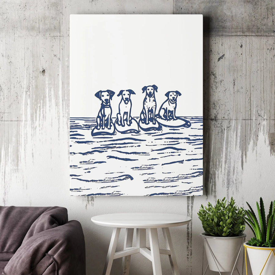 Dog Surfing Canvas Wall Art | Four Dogs On Surfboards Illustration | Premium Gallery Wrapped Print | Coastal Beach House Decor Gift
