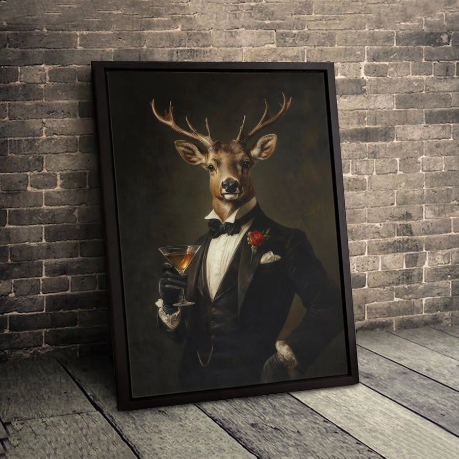 Dapper Deer Canvas Wall Art | Sophisticated Animal Portrait in Tuxedo | Premium 1.25" Gallery Wrap | Whimsical Gentleman Stag Decor for Home or Office