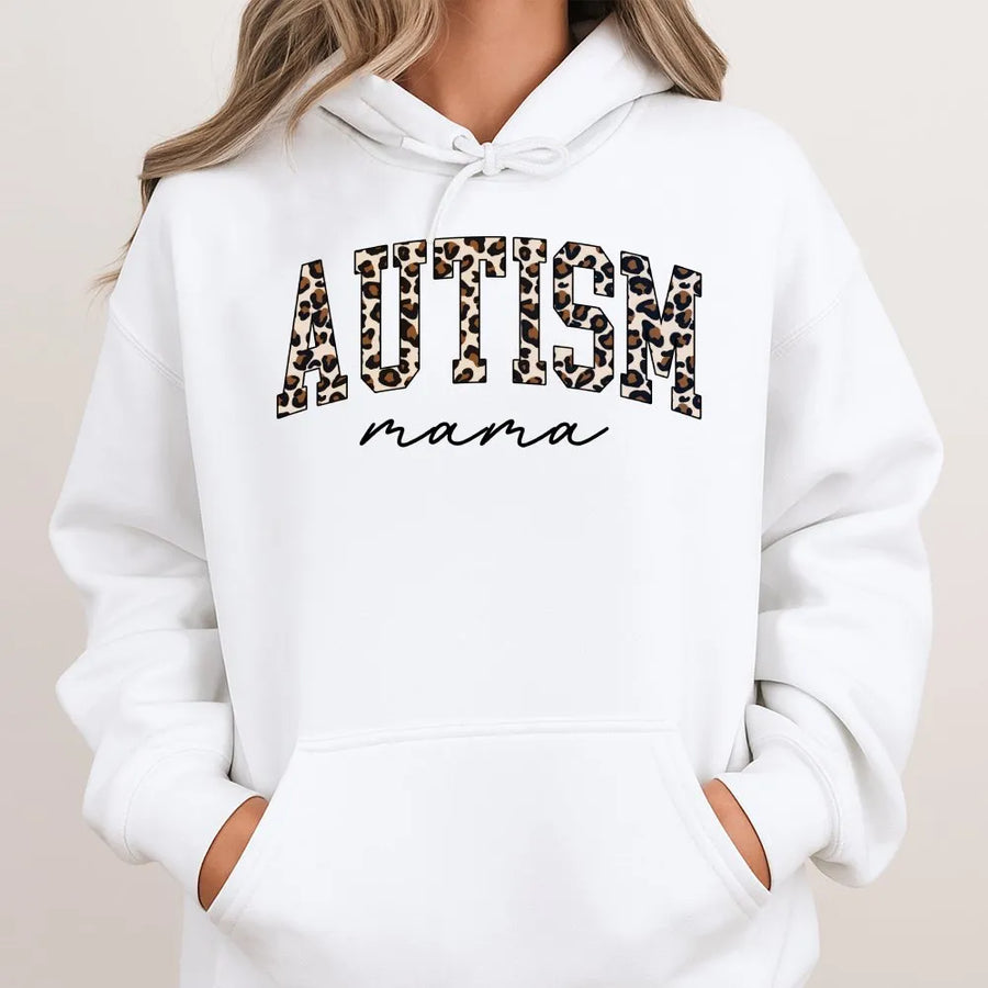 Autism Mama Hoodie | Leopard Print Neurodiversity Graphic | Cozy Cotton Blend Pullover | Awareness Gift for Moms