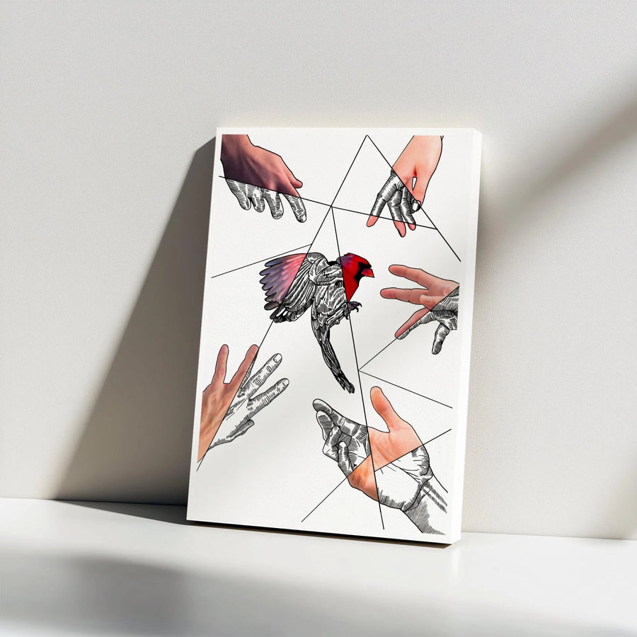 Red Cardinal Canvas Print | Abstract Geometric Bird and Hand Art | Premium Thick Gallery Wrap | Modern Wall Decor Gift for Art Lovers