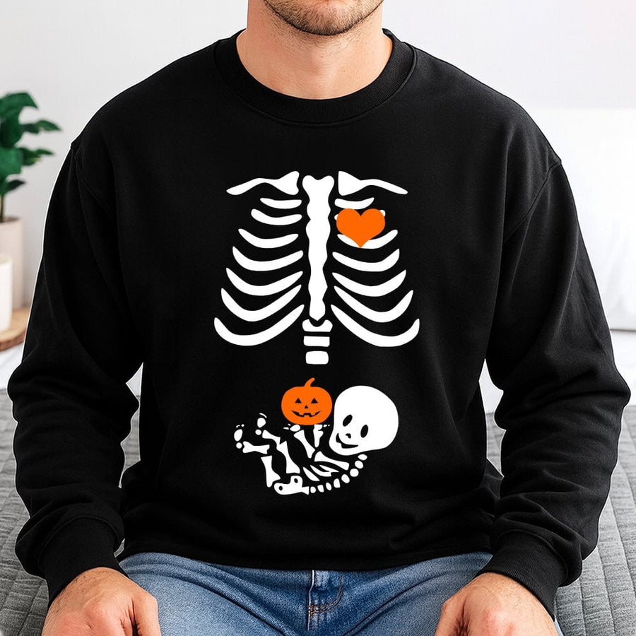 Skeleton Maternity Sweatshirt | Funny Baby Pumpkin Pregnancy Announcement | Cotton Blend Premium Apparel | Cute Halloween Costume For Expecting Moms