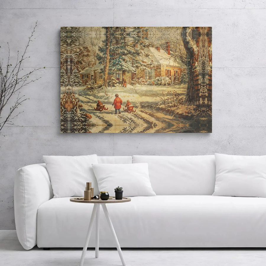 Vintage Winter Landscape Canvas | 1905 Sledding Children Art Print | 1.25" Gallery Wrap Premium Wall Decor | Cozy Holiday Home Gift for Winter Lovers