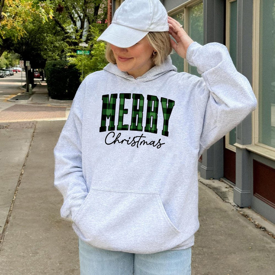 Merry Christmas Hoodie | Buffalo Plaid Green Text Print | Premium Cotton Blend Pullover | Cozy Holiday Gift for Women and Men