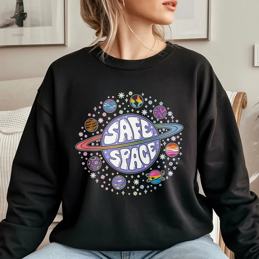 Safe Space Sweatshirt | LGBTQ Pride Planet Graphic | Cotton-Blend Premium Crewneck | Inclusive Gift for Pride Month and Allies