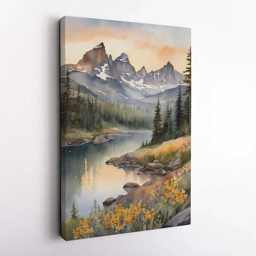 Mountain Landscape Canvas Wall Art | Watercolor Lake & Wildflowers Print | 1.25-Inch Gallery Wrap | Premium Nature Decor for Home or Office Gift
