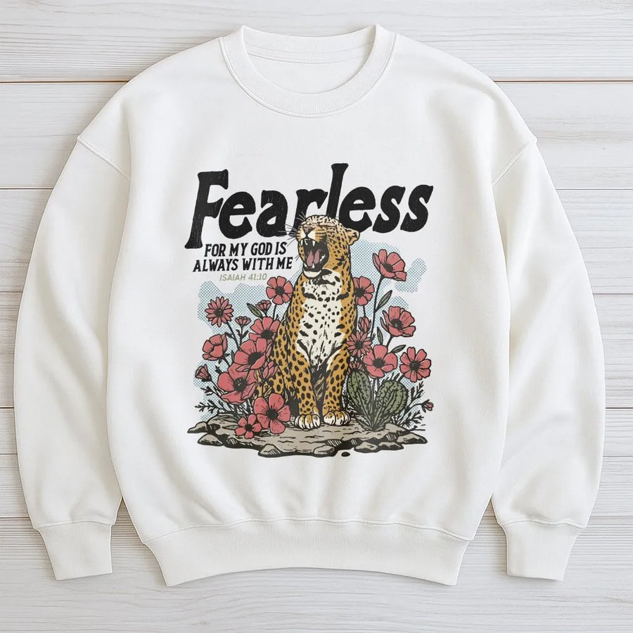Fearless Christian Sweatshirt | Leopard & Floral Bible Verse Pullover | Soft Cotton Blend | Inspirational Faith Based Gift