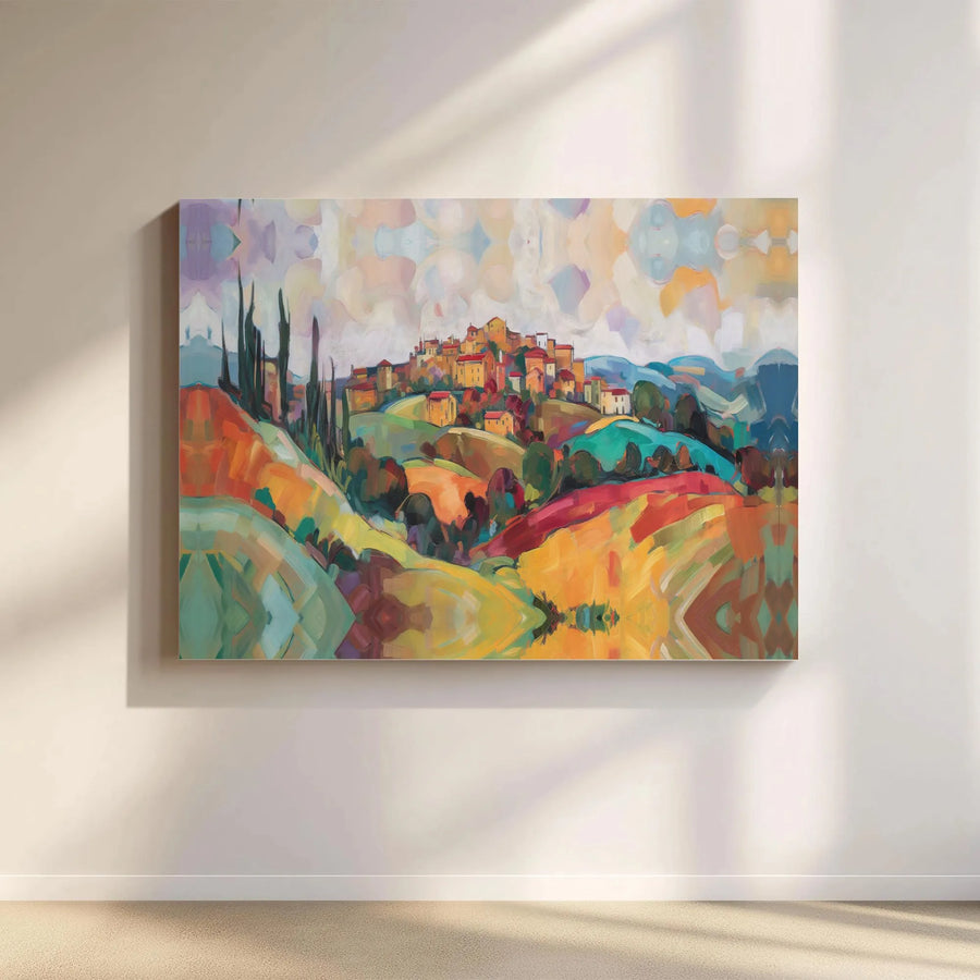 Abstract Tuscan Village Canvas Wall Art | Colorful Italian Landscape Painting | Gallery Quality Stretched Canvas | Modern Home Decor Gift