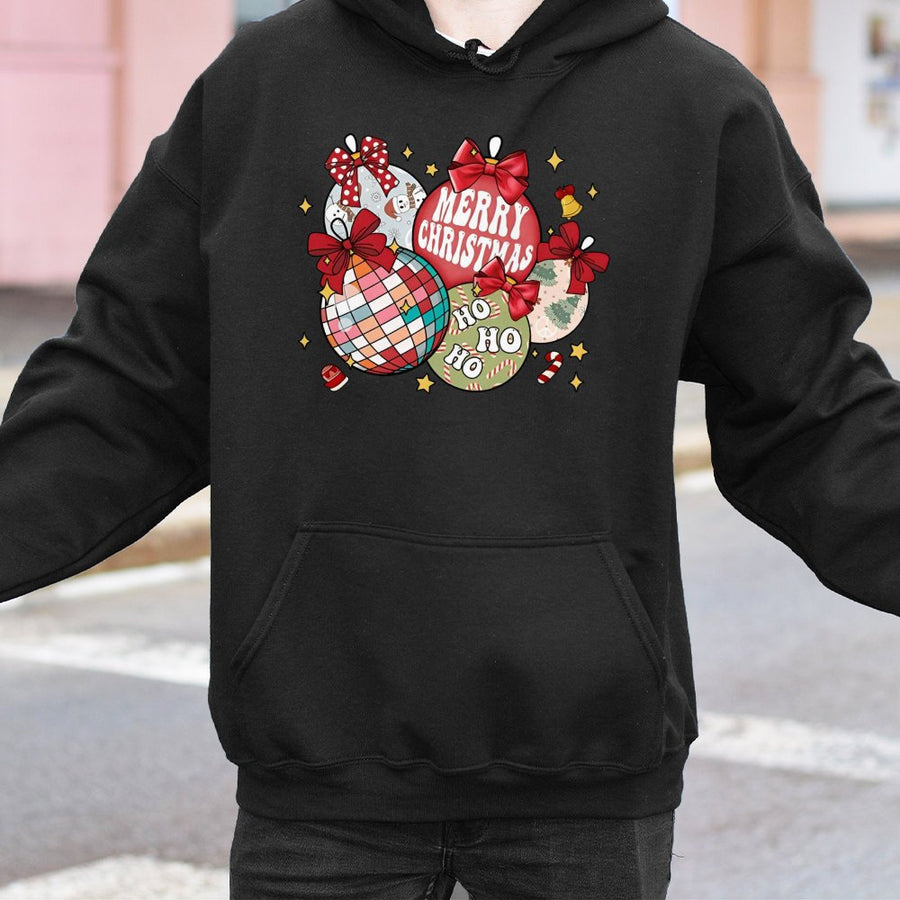 Retro Christmas Ornaments Hoodie | Disco Ball Bow Graphic Sweatshirt | Premium Cotton Blend | Trendy Holiday Gift For Her