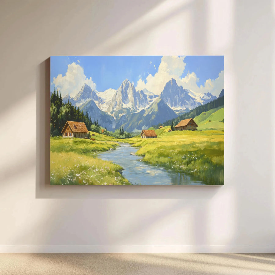 Alpine Mountain Landscape Canvas Wall Art | Serene River Valley with Rustic Cabins | 1.25" Premium Gallery Wrap | Nature-Inspired Home Decor