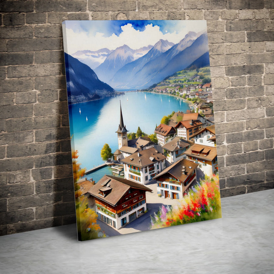 Swiss Alpine Village Canvas Wall Art | Watercolor Lake Mountain Landscape Print | Premium 1.25-Inch Gallery Wrap | Scenic Travel Home Decor Gift
