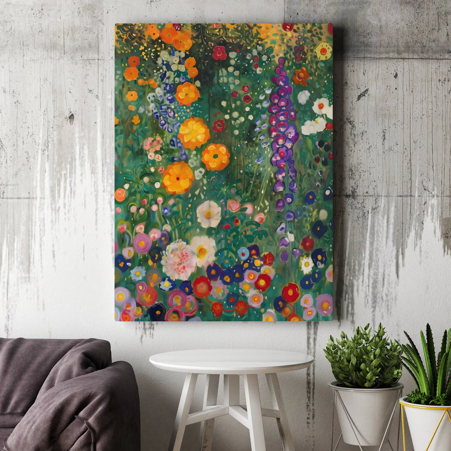 Vibrant Flower Garden Vertical Canvas | Klimt Inspired Botanical Wall Art | Premium Gallery Wrapped Print | Colorful Home Decor Gift