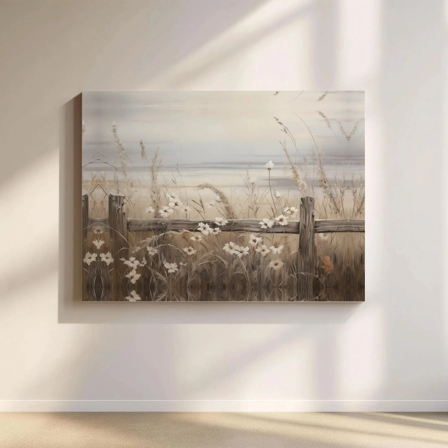 Rustic Wildflower Field Canvas Wall Art | Fenced Meadow Landscape | Premium Gallery-Wrapped Print | Farmhouse Home Decor Gift