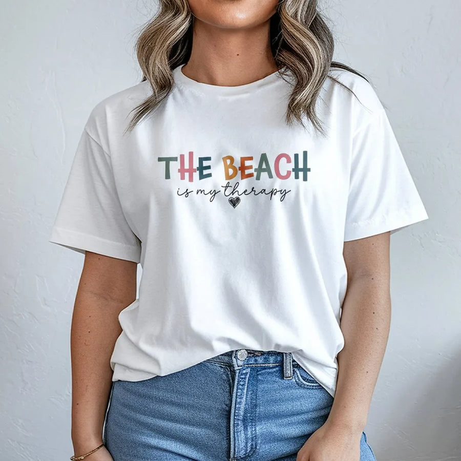 Beach Therapy T-Shirt | Colorful Retro Graphic Crewneck | Cozy Cotton Blend Pullover | Gift for Beach Lover, Summer Vacation Gift