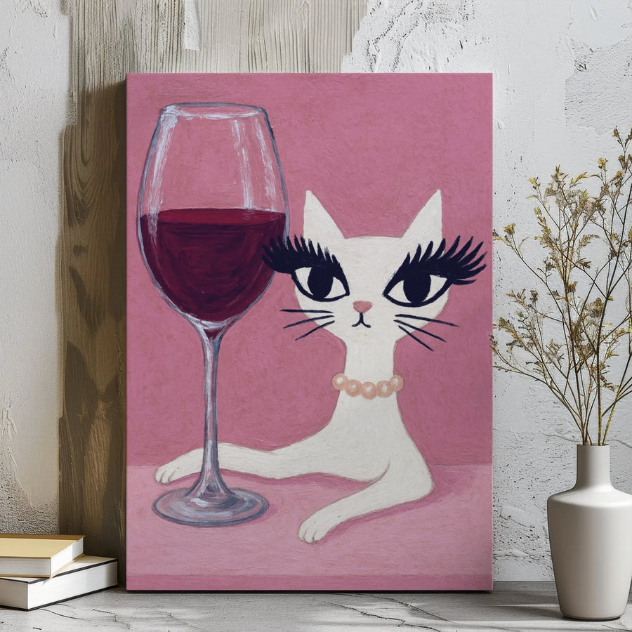 White Cat Canvas Wall Art | Glamorous Kitty With Red Wine Illustration | Gallery Wrap Premium Print | Whimsical Home Decor Gift