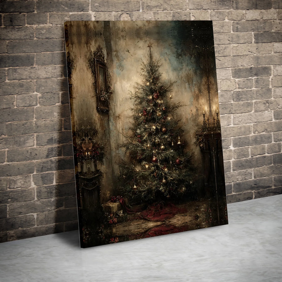 Vintage Christmas Tree Canvas Print | Moody Antique Room Oil Painting Art | 1.25-Inch Thick Gallery Wrap | Holiday Wall Decor Gift for Home