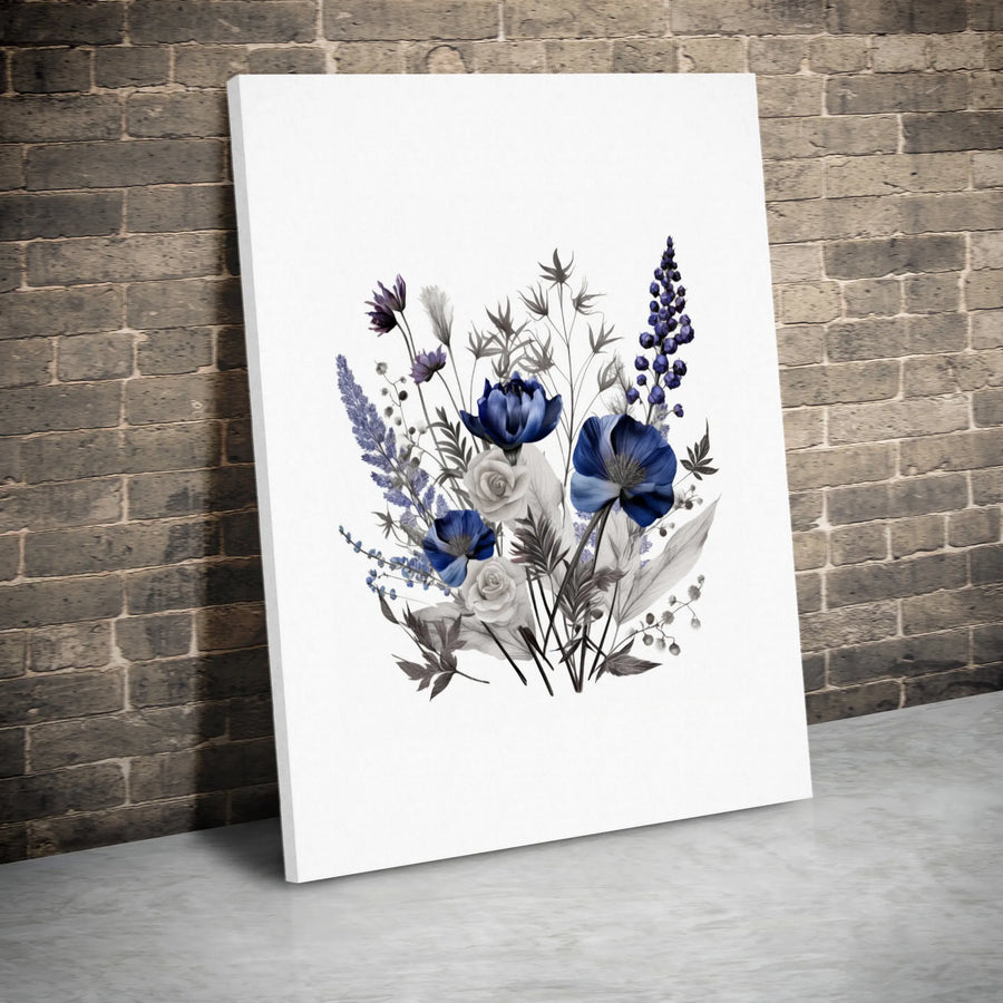 Navy Blue Floral Canvas Wall Art | Botanical Flower Bouquet Illustration | Premium Fade-Resistant Print | Elegant Modern Home Decor Gift