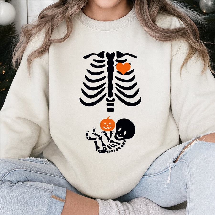 Skeleton Halloween Maternity Sweatshirt | Funny Pregnancy Announcement Graphic | Premium Cotton Blend | Gift for Expecting Moms