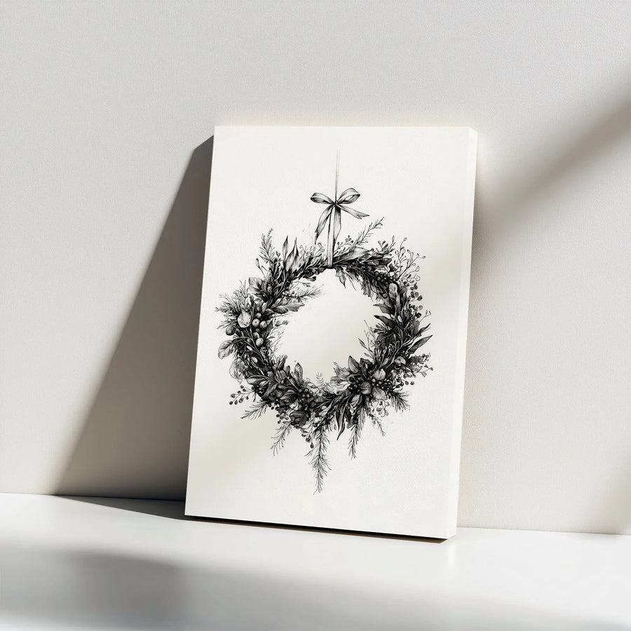 Christmas Wreath Canvas Print | Minimalist Black and White Botanical Wall Art | 1.25 Inch Gallery Wrap | Festive Holiday Home Decor Gift