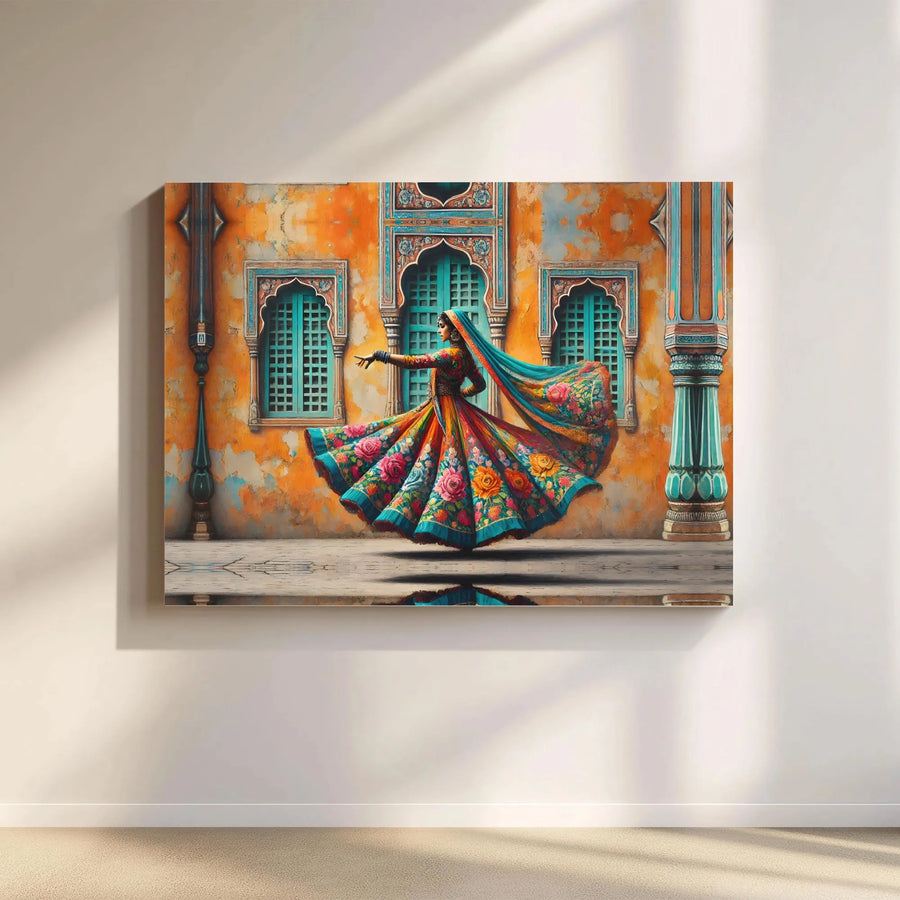 Indian Classical Dancer Canvas Wall Art | Vibrant Traditional Floral Lehengas | Premium 1.25 Inch Gallery Wrap | Cultural Home Decor Gift