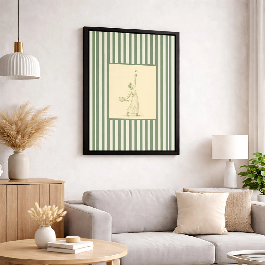 Vintage Tennis Player Canvas Wall Art | Retro Sport Sketch with Green Stripes | Premium Fade-Resistant Gallery Print | Gift for Tennis Lovers