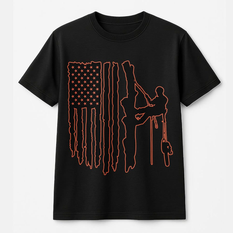 Arborist Tree Climber T-Shirt | Distressed American Flag Silhouette Graphic | 100% Cotton Premium Tee | Patriotic Gift for Tree Worker Chainsaw User