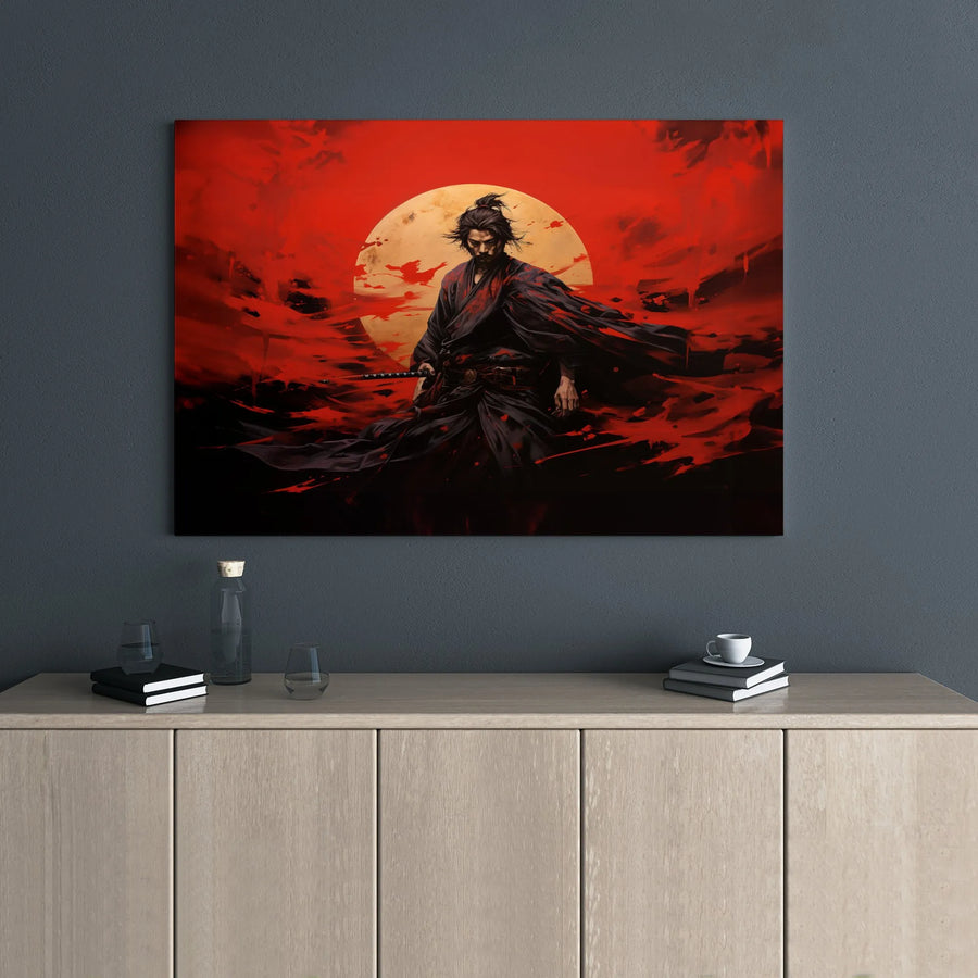 Japanese Samurai Canvas Art | Ronin Warrior With Katana and Red Moon | Premium Gallery-Wrap Print | Modern Asian Wall Decor for Office or Home