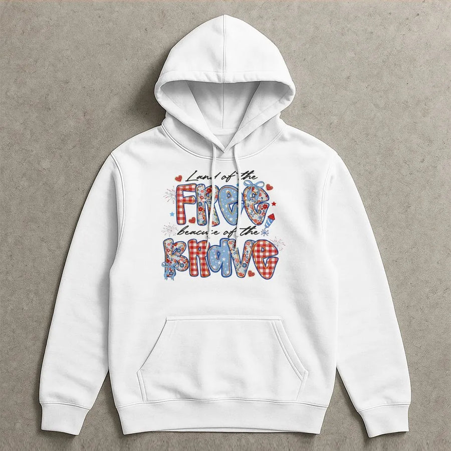 4th of July Hoodie | Land of the Free Because of the Brave Graphic | Soft Cotton Blend | Preppy Patriotic Gift for Women, Memorial Day Outfit