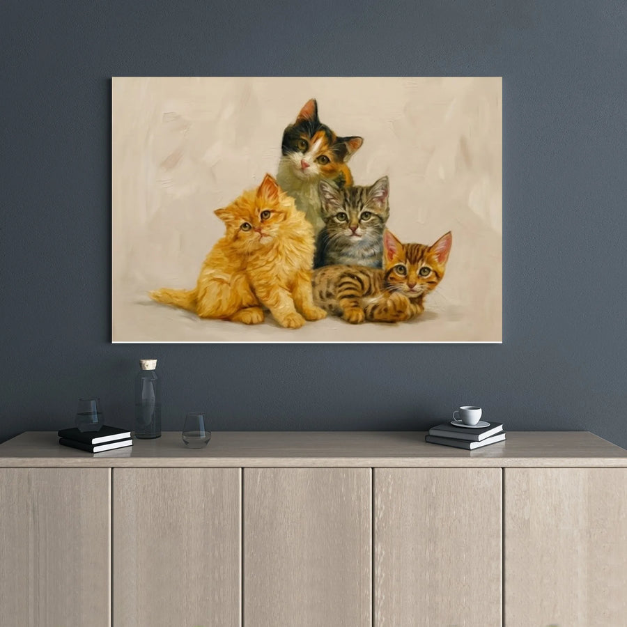 Four Kittens Wall Art | Vintage Oil Painting Style Print | Premium Gallery Wrapped Canvas | Charming Cat Lover Home Decor Gift