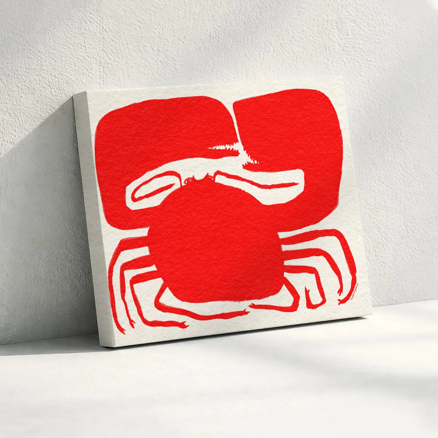 Abstract Red Crab Wall Art | Modern Minimalist Block Print Canvas | 1.25-inch Premium Gallery Profile | Coastal Home Decor Gift