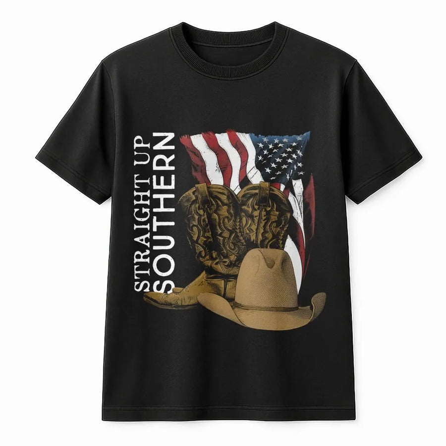 Straight Up Southern T-Shirt | American Flag Cowboy Hat Boots Graphic | Premium Cotton Unisex Tee | Patriotic Country Music Festival Gift