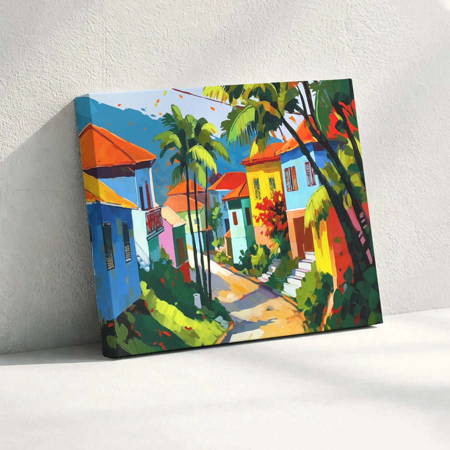 Caribbean Village Canvas Wall Art | Vibrant Tropical Town Painting | Premium Fade-Resistant Print | Modern Coastal Home Decor Gift