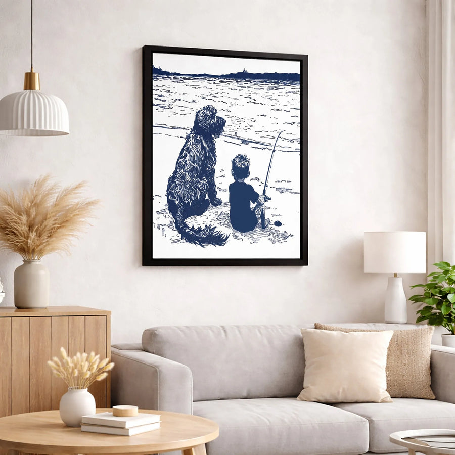 Boy and Dog Fishing Canvas Art | Coastal Beach Sketch Wall Decor | Gallery-Wrapped Premium Print | Sentimental Gift for Dog Lovers