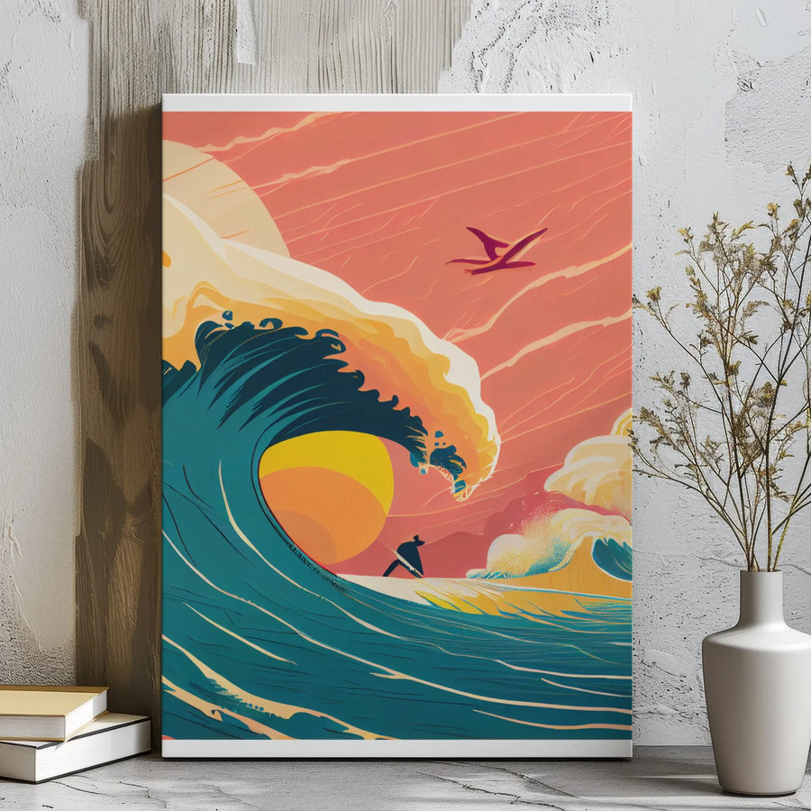 Surfing Wall Art Canvas | Retro Great Wave Pterodactyl Sunset Design | Premium 1.25 Inch Gallery Wrap | Modern Home Office Decor Gift
