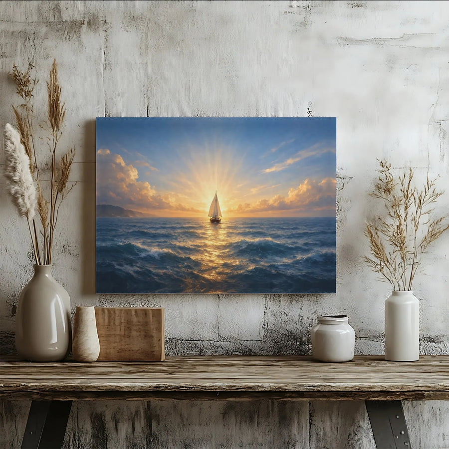Sailboat at Sunrise Canvas Wall Art | Coastal Seascape Artwork | Premium Matte Canvas Print | Nautical Wall Decor Gift