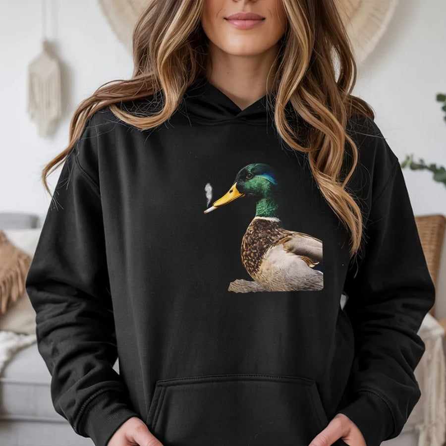Smoking Duck Meme Hoodie | Funny Animal Graphic Sweatshirt | Soft Cotton Blend Pullover | Novelty Gag Gift for Duck Hunters