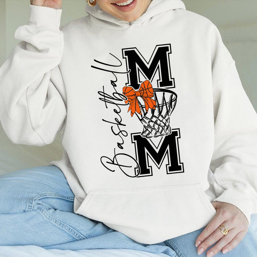 Basketball Mom Hoodie | Coquette Bow Basketball Hoop Design | Cotton-Blend Premium Apparel | Cute Game Day Outfit For Basketball Mamas