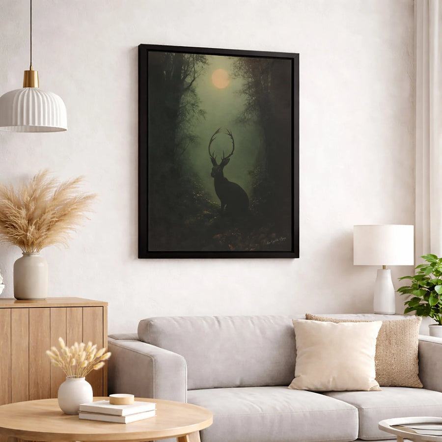 Dark Forest Jackalope Wall Art | Moody Mystical Rabbit with Antlers Canvas Print | Gallery-Quality Premium Decor | Unique Folklore Home Gift