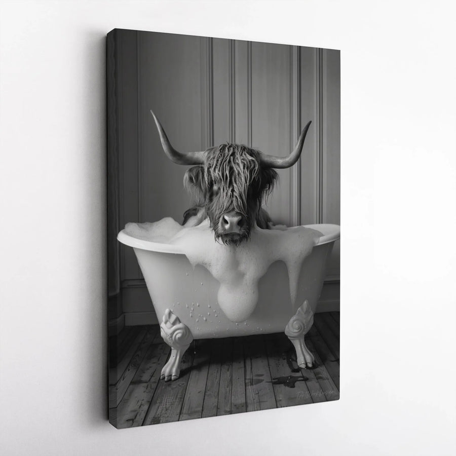 Highland Cow In Bathtub Wall Art | Funny Farmhouse Bathroom Decor | Premium Fade-Resistant Canvas | Unique Gift For Cow Lovers