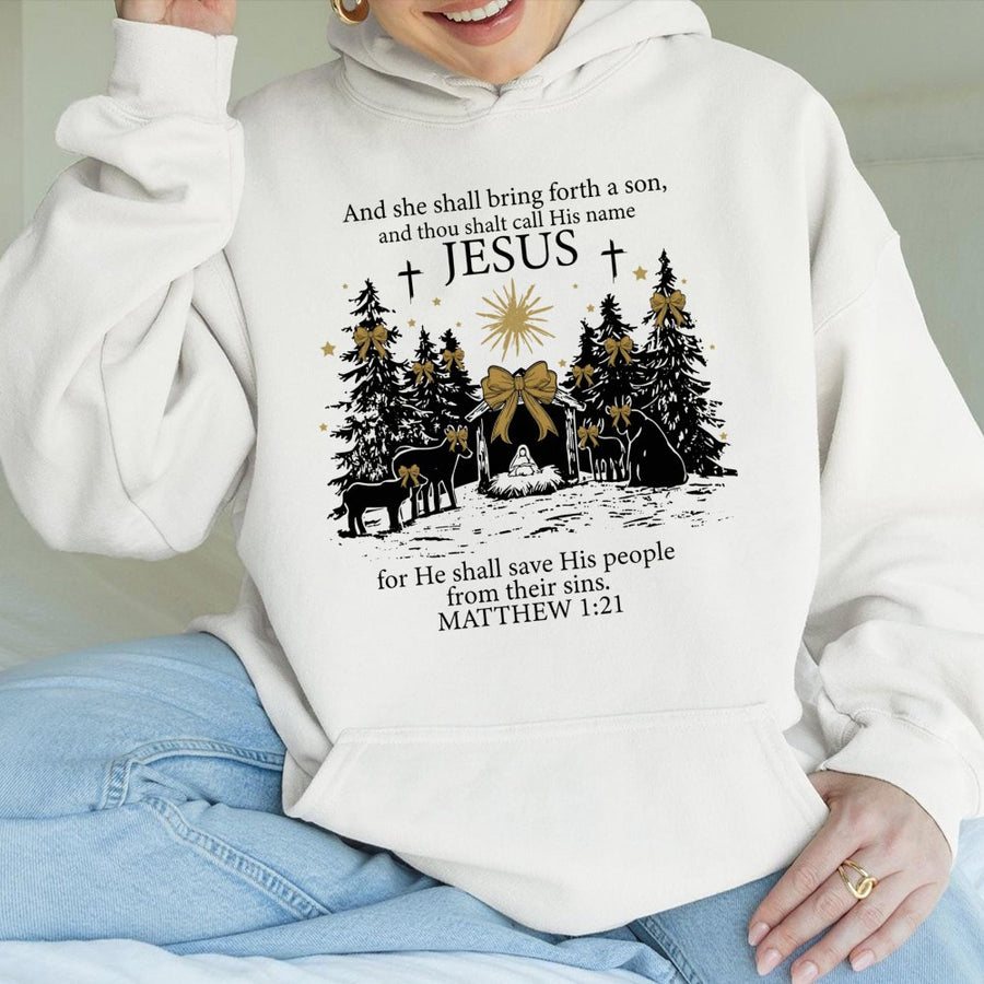 Jesus Christmas Nativity Hoodie | Matthew 1:21 Scripture Design | Cotton-Poly Premium Blend | Religious Holiday Gift for Christians