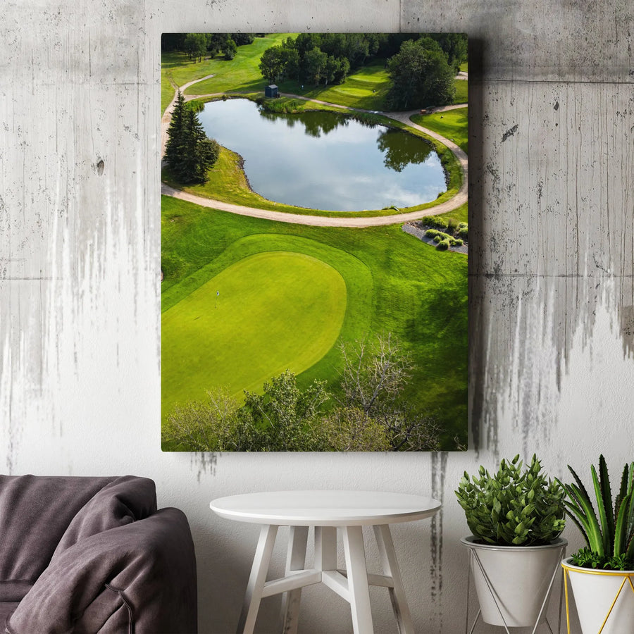 Golf Course Aerial Wall Art | Green Putting Green With Pond Landscape | Premium Gallery Wrapped Canvas | Gift For Golfers & Office Decor
