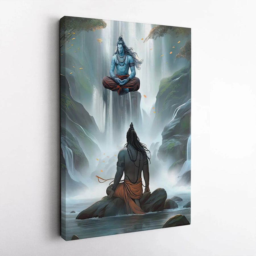 Lord Shiva Canvas Wall Art | Meditating Hindu Deity by Waterfall | Premium Gallery Wrap Canvas | Spiritual Decor for Meditation Room Gift