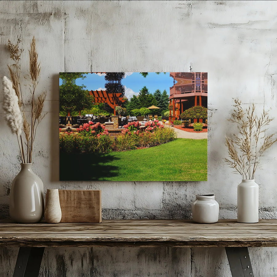 Landscaped Garden Canvas Print | Summer Patio and Pergola Landscape | 1.25-Inch Gallery-Wrapped Wall Art | Nature Home Decor for Living Room