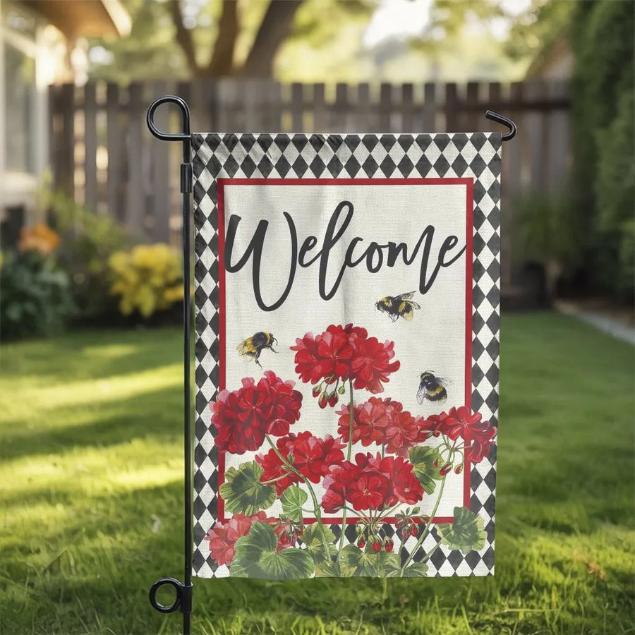 Red Geranium Welcome Flag | Botanical Bees & Harlequin Border | Double Sided Premium Polyester | Spring Summer Outdoor Yard Decor Gift