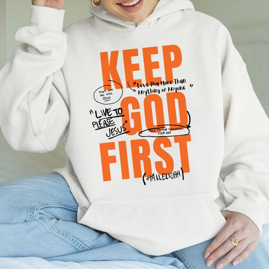 Keep God First Hoodie | Christian Faith Graphic Pullover | Soft Cotton-Blend Unisex Sweatshirt | Religious Gift for Men and Women