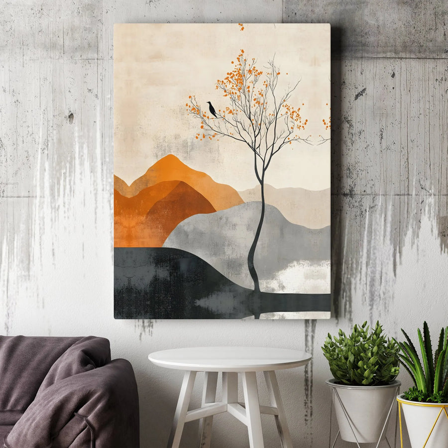 Minimalist Landscape Canvas Print | Abstract Autumn Tree & Raven Artwork | Premium Gallery Wrap Canvas | Modern Living Room Wall Decor