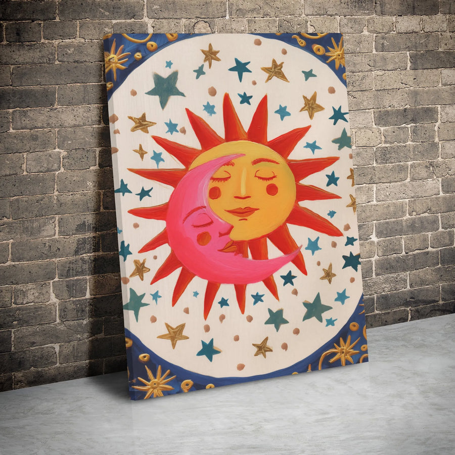 Celestial Sun And Moon Canvas Wall Art | Whimsical Boho Embracing Stars Print | Premium 1.25" Gallery Wrap | Spiritual Home Decor Gift