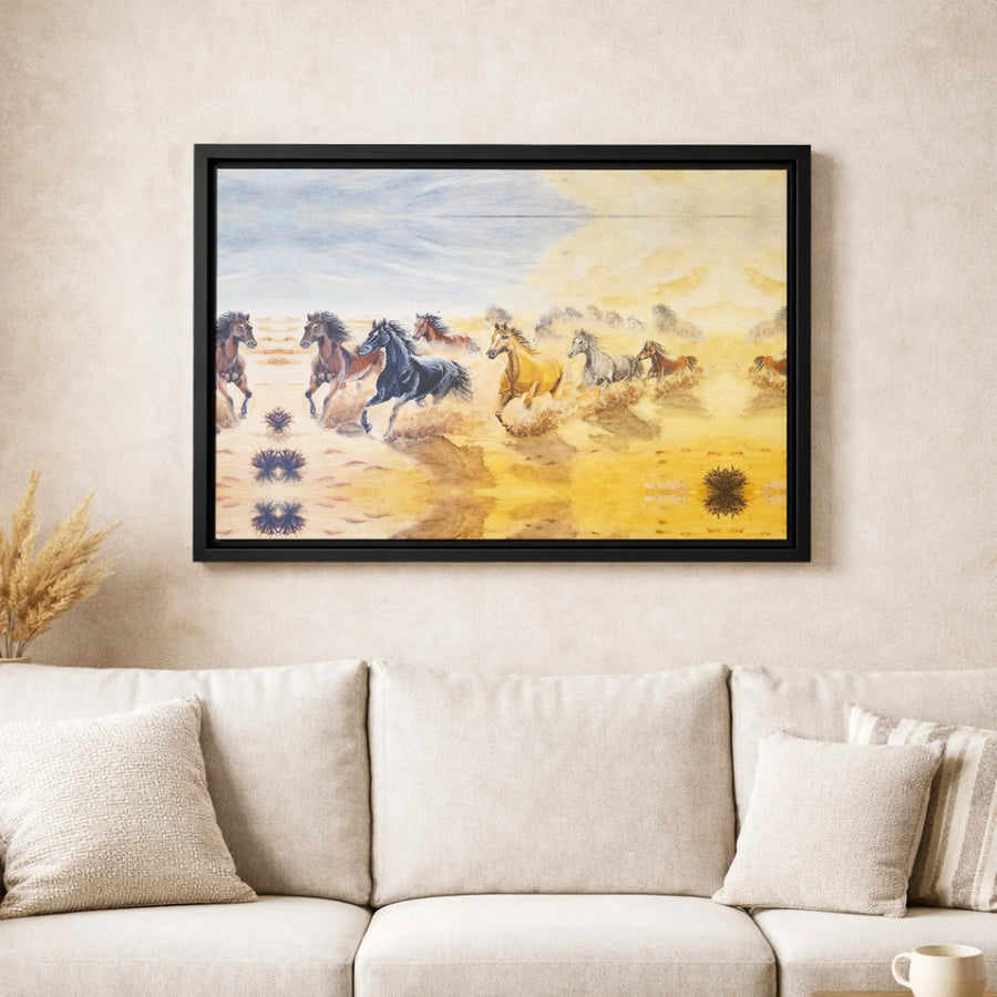 Wild Horses Canvas Wall Art | Galloping Desert Stallions Landscape | Premium Gallery Wrapped Print | Western Home Decor Gift