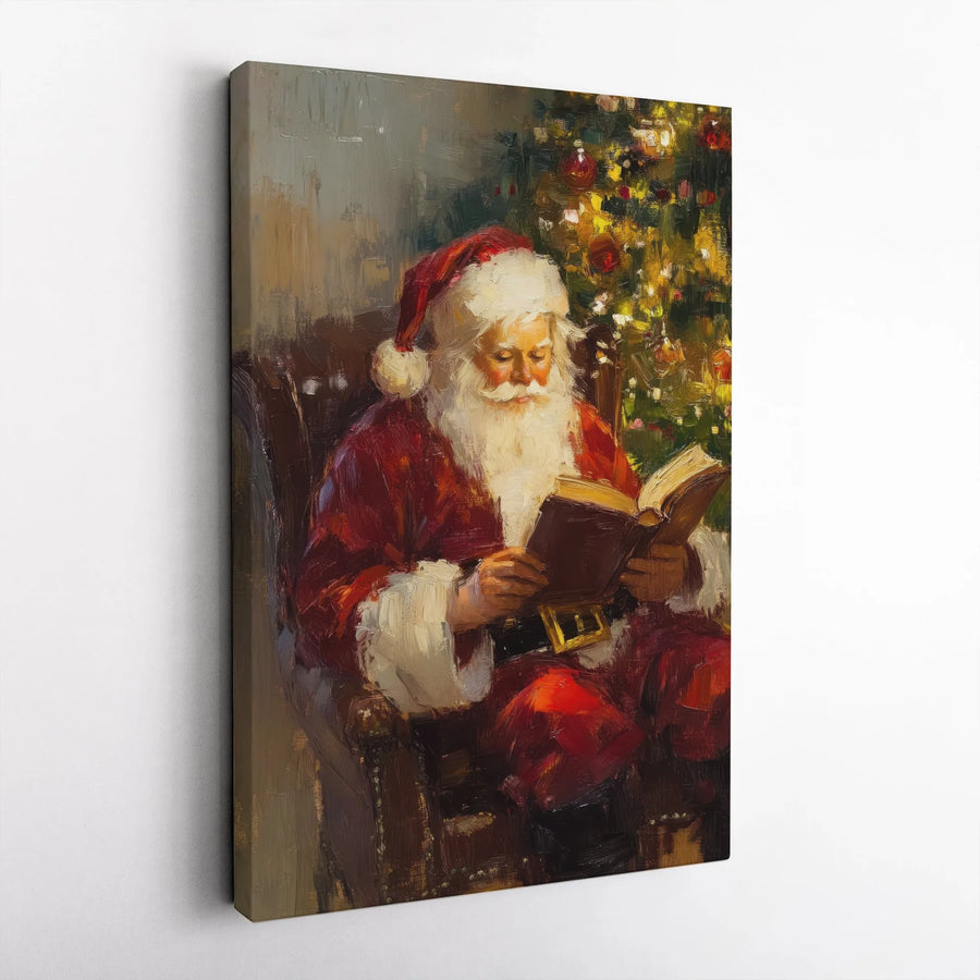 Santa Claus Canvas Wall Art | Oil Painting Style Reading by Christmas Tree | Gallery Quality 1.25” Thick Print | Festive Holiday Home Decor Gift