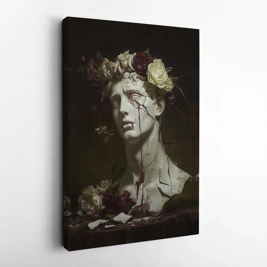 Greek Statue Canvas Wall Art | Cracked Marble Bleeding Bust with Rose Crown | Premium Gallery Wrap Decor | Dark Academia Gothic Home Gift